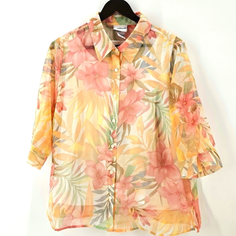 Bon Worth Women's XSP  2pc Coord Multi Color Floral Button Front V-neck Blouse